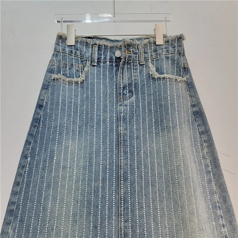 Women Hot Drilling Diamonds Beaded Denim Skirt Ragged Edge Sequined Jeans Skirt High Waist A-line Rhinestones Mid Length Skirt