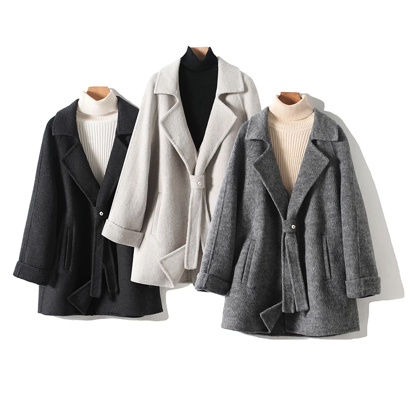 

00 Wool Double-Breasted Coat Casual Sle Turn-down Collar Women's Outerwear Autumn New Arrival Versatile Mid-Length Coat