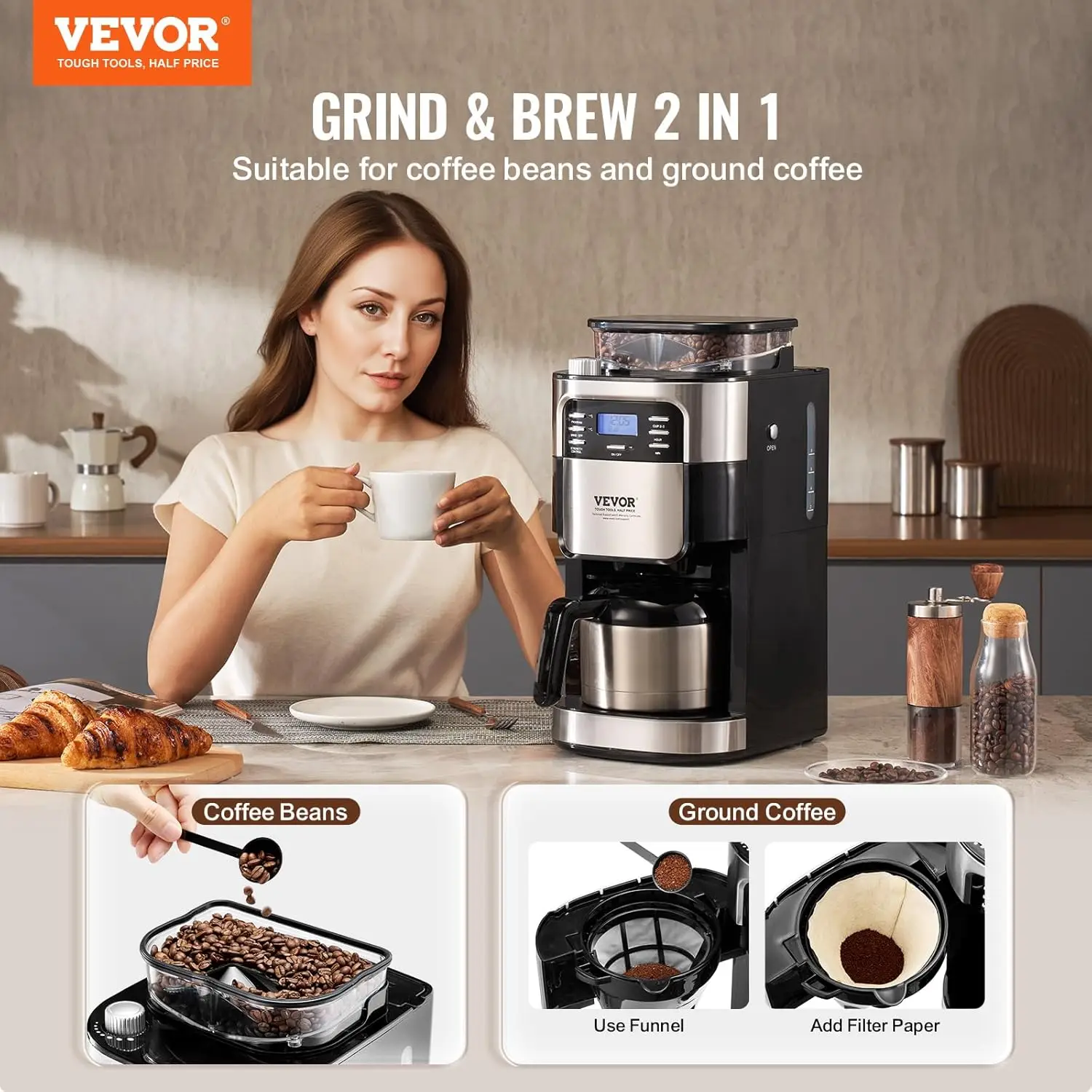 Coffee Maker with Grinder, 8 Cup Coffee Machine, Grind and Brew Coffee Maker with 3 Brew Strength Control, 24-Hour Timer