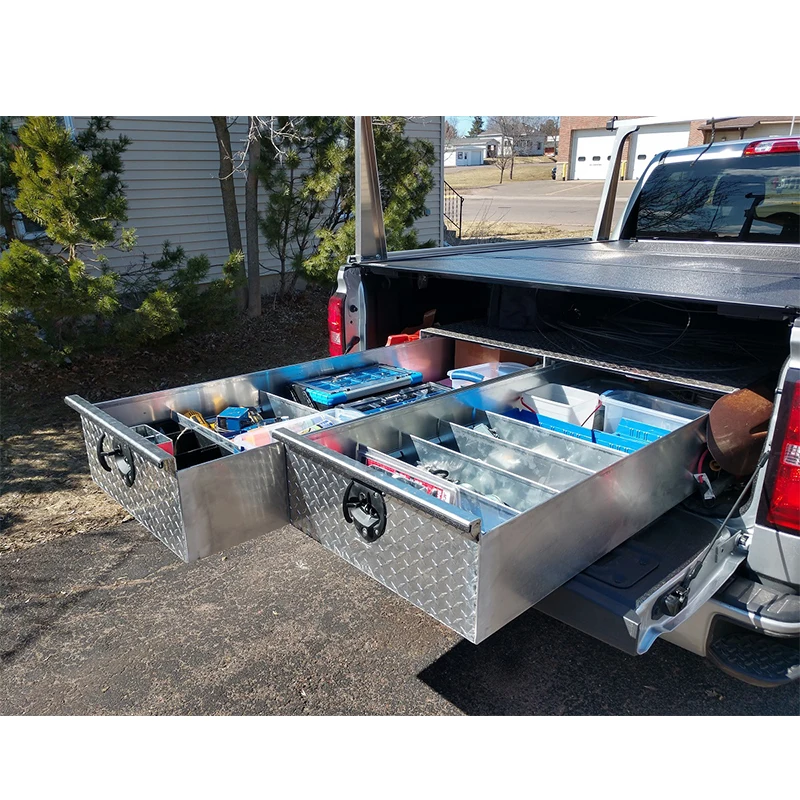 Customized Aluminum Pickup Truck Bed Storage Drawers System Double Drawers for GMC Ram Tundra