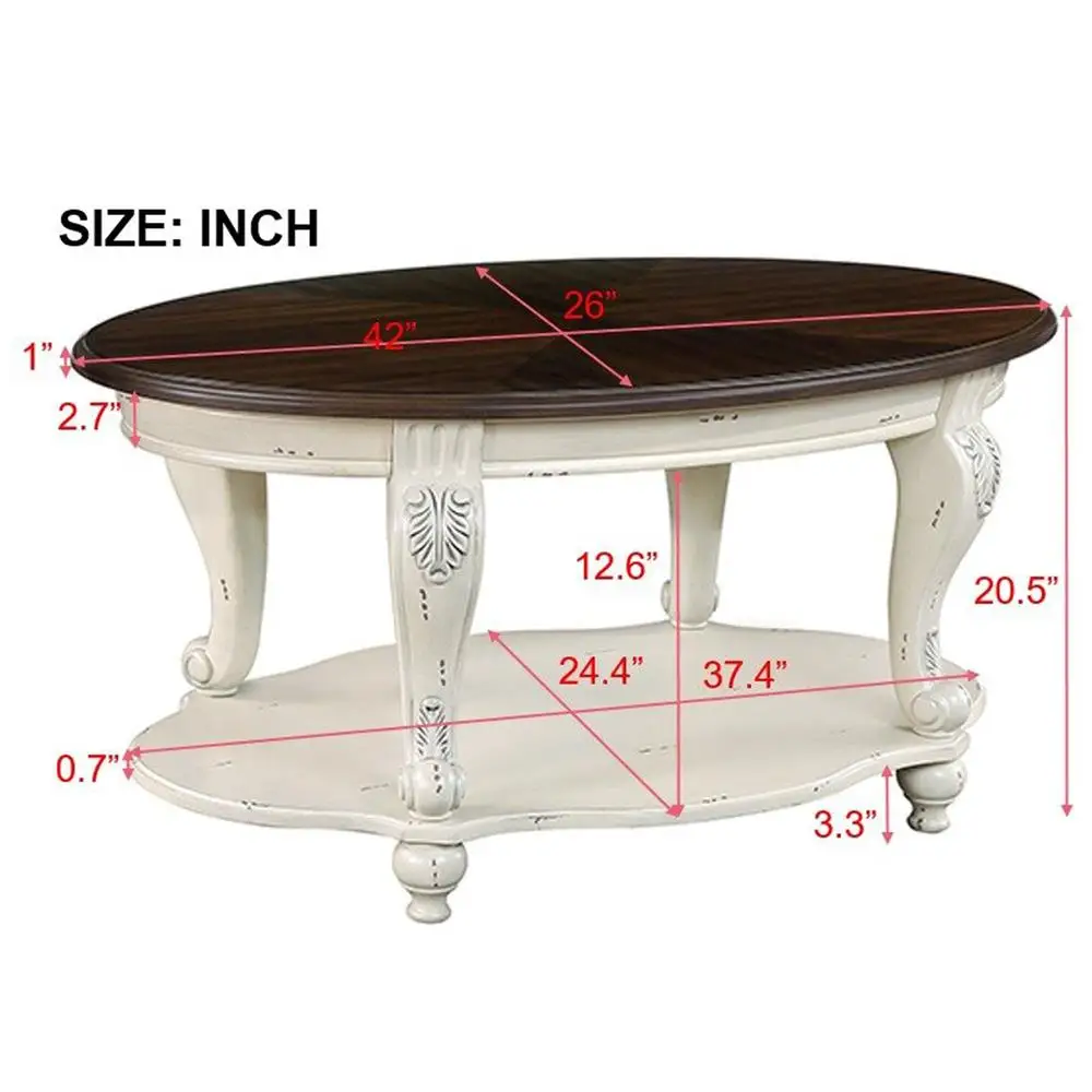 โต๊ะกาแฟไม้รูปไข่ขนาด 42 นิ้ว พร้อมชั้นวางของ 2 ชั้น โต๊ะค็อกเทลไม้เนื้อแข็ง สีเบจเอสเปรสโซ ผิวแบบดิสเทรส ประกอบง่าย