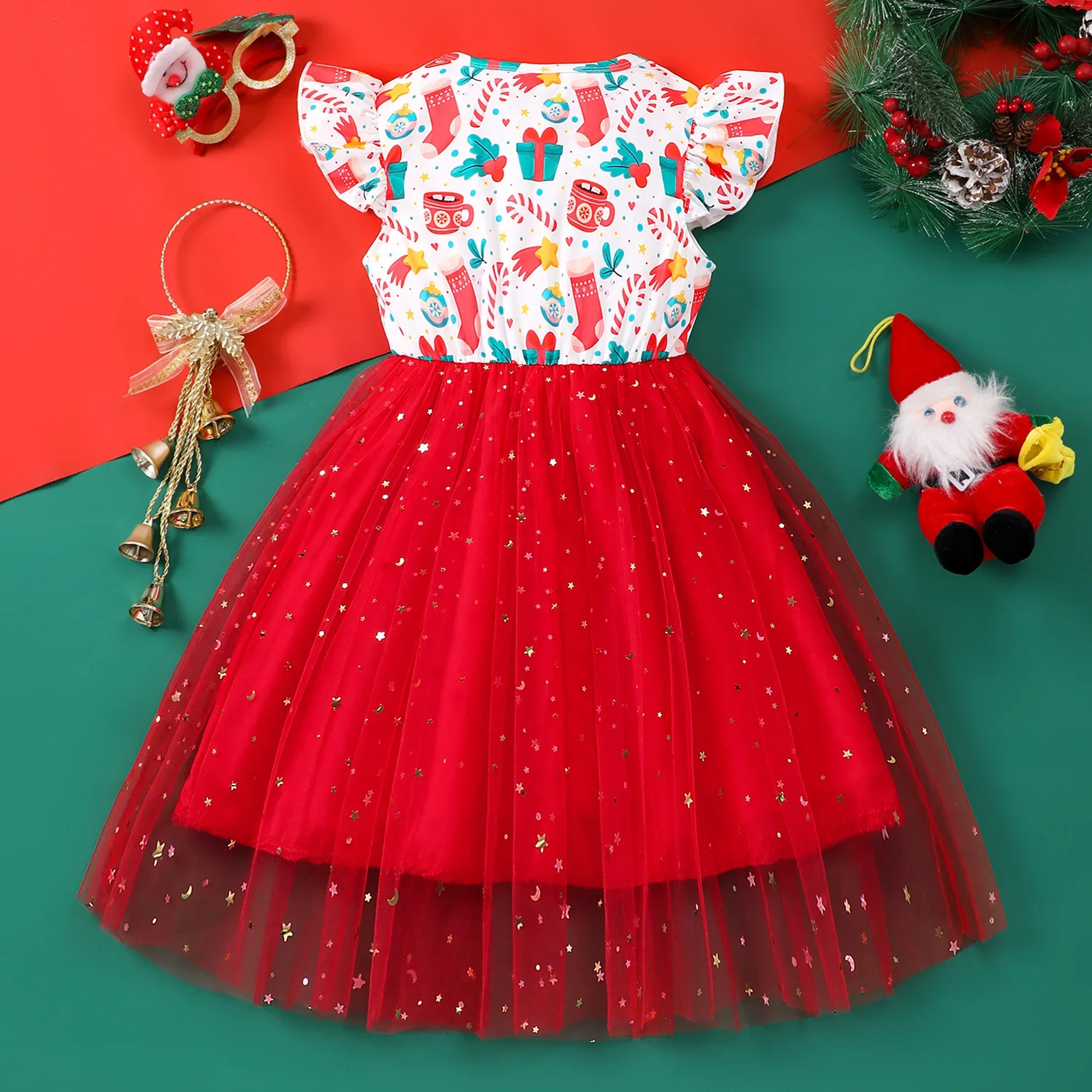 2024 Christmas Kids Girls Dress Summer Short Sleeve Bow Gauze Children Dress Casual Soft Ventilate Sweet Girls Clothing 2-7Y