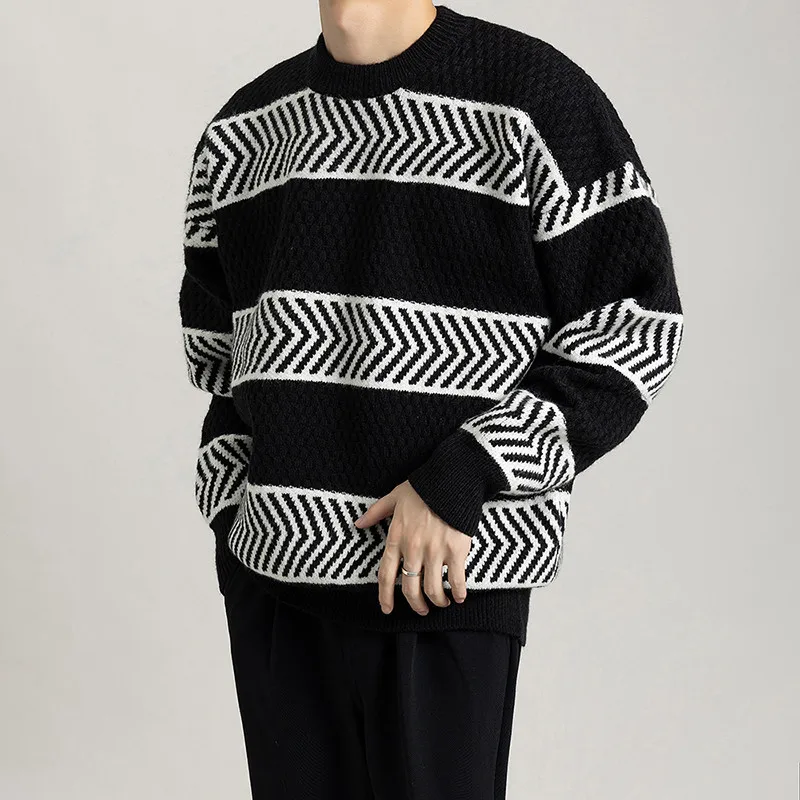 Men's Geometric Pattern Knit Pullover Sweater with Crew Neck Long Sleeve Casual Autumn Winter Outfit
