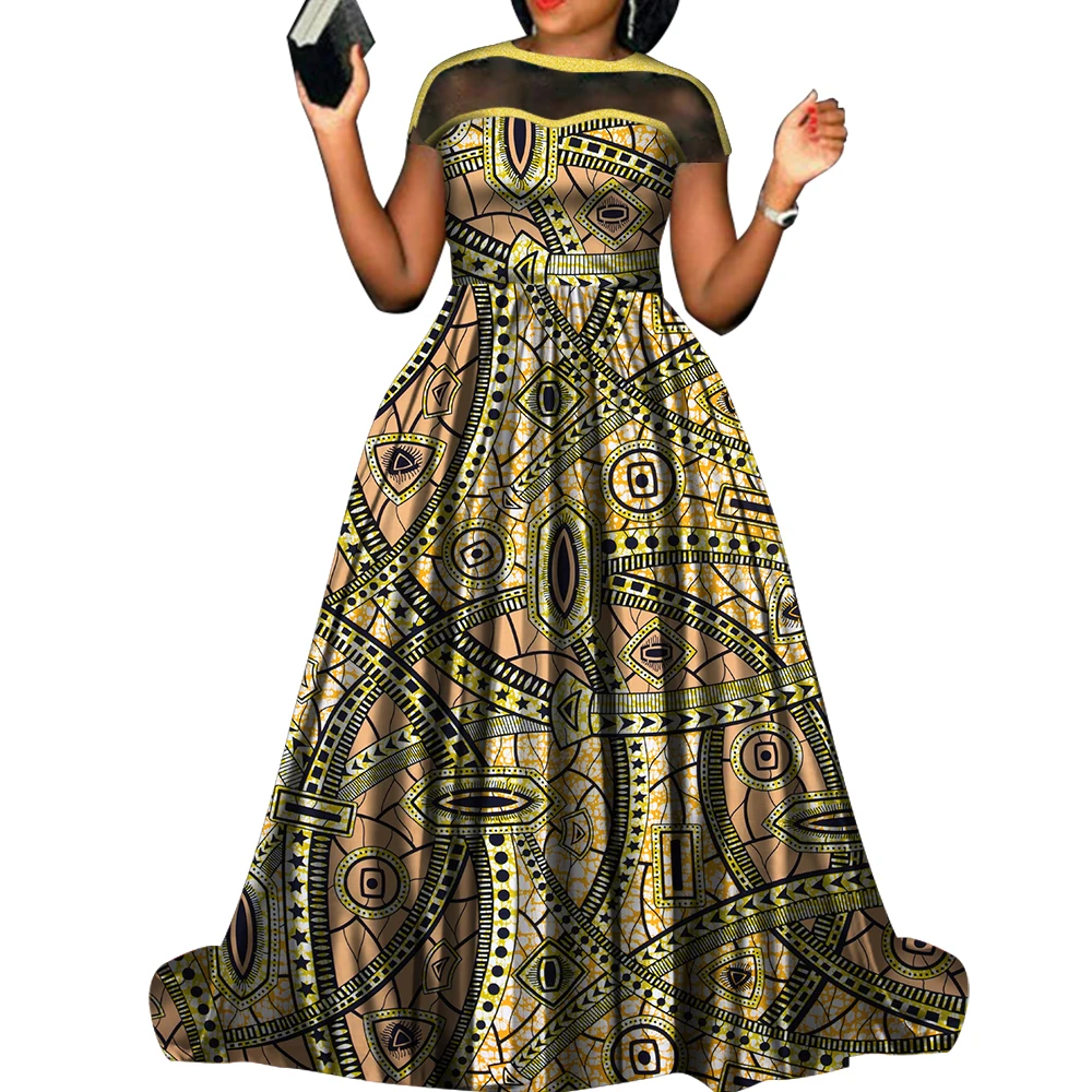 

Women African Print Dress Short Sleeve High Waist A-line Long Maxi Dresses for Wedding Party Elegant African Ball Gown WY3876