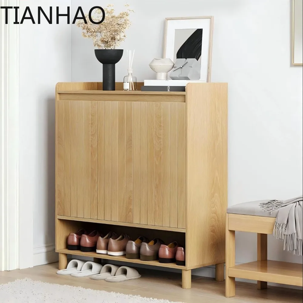 Shoe Cabinet for with Line Grooved Doors, 5-Tier Wooden Shoe Organizer Cabinet for Entryway, Hallway, Closet, Living Room,