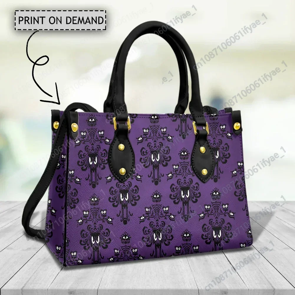 Purple Haunted Mansion Print Women Handbags Luxury Leather Female Cross Body Bags Woman Top-handle Vintage Horror Shoulder Bags