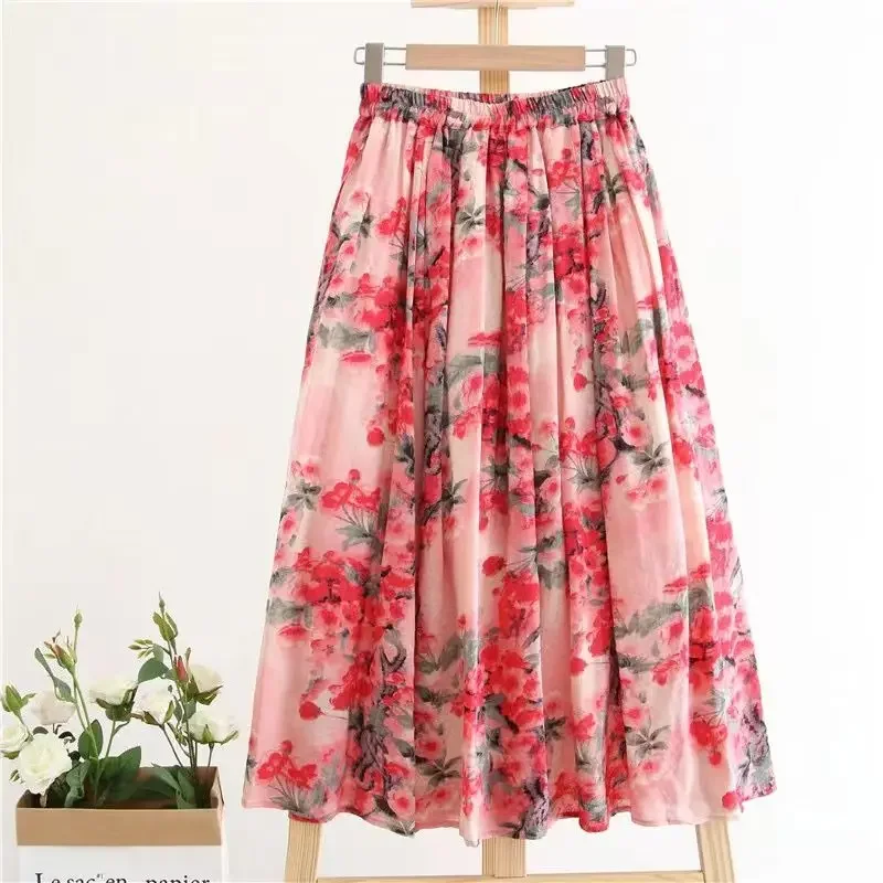 

Spring Autumn New Elastic Waist Loose Printing A-line Skirt Loose Floral All-match Casual Skirts Vintage Fashion Women Clothing