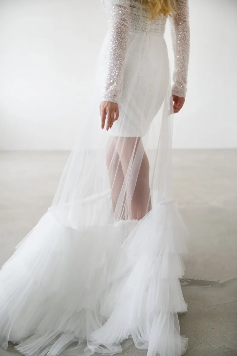 تنورة شفافة مكشكشة قابلة للإزالة فستان الزفاف تنورة شفافة من خلال تراكب من التول تنورة تول قابلة للفصل لفستان مصنوع حسب الطلب