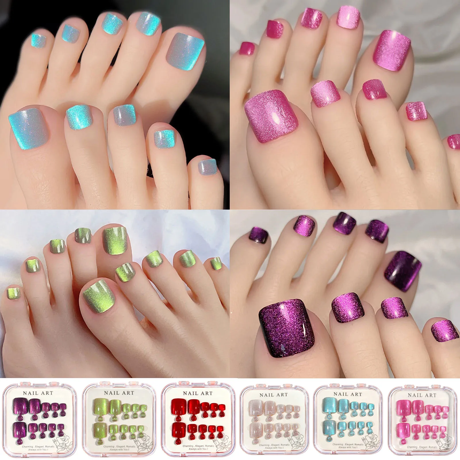 Buy in Bulk Pay One Shipping Fee Only 24pcs Handmade Light Relax Cat Eye Foot Wearable Nail Art Finished Reusable Nail Stickers