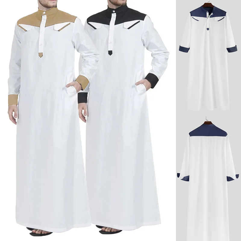 

Autumn And Winter Muslim Men's Clothing Middle East Loose Stand-up Collar Contrasting Color Long-sleeved Ethnic One-piece Robe