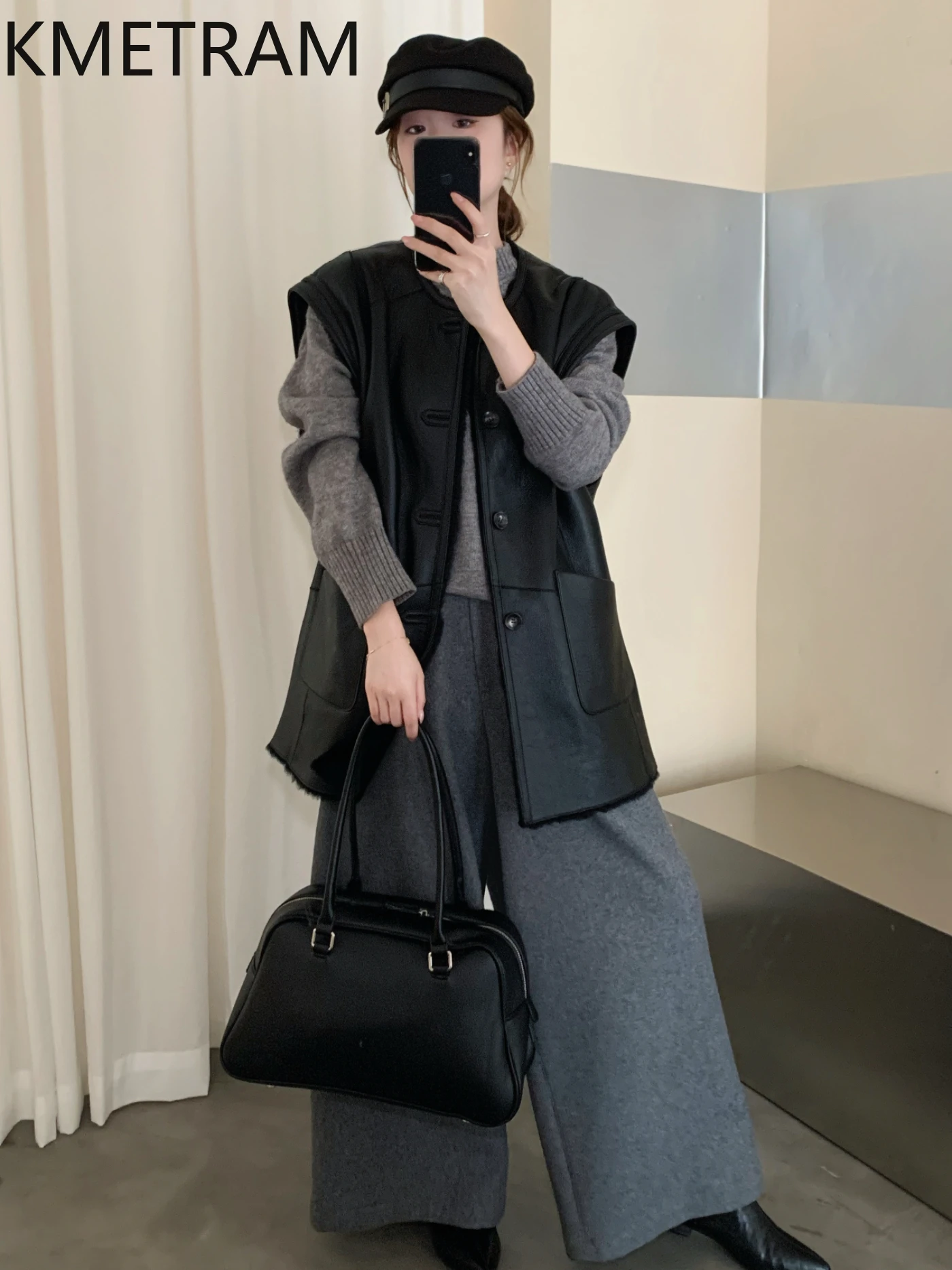 KMETRAM Natural Merino Sheepskin with Wool Attached Vest Woman Black Sleeveless Reversible Real Fur Coat Winter Clothing шуба