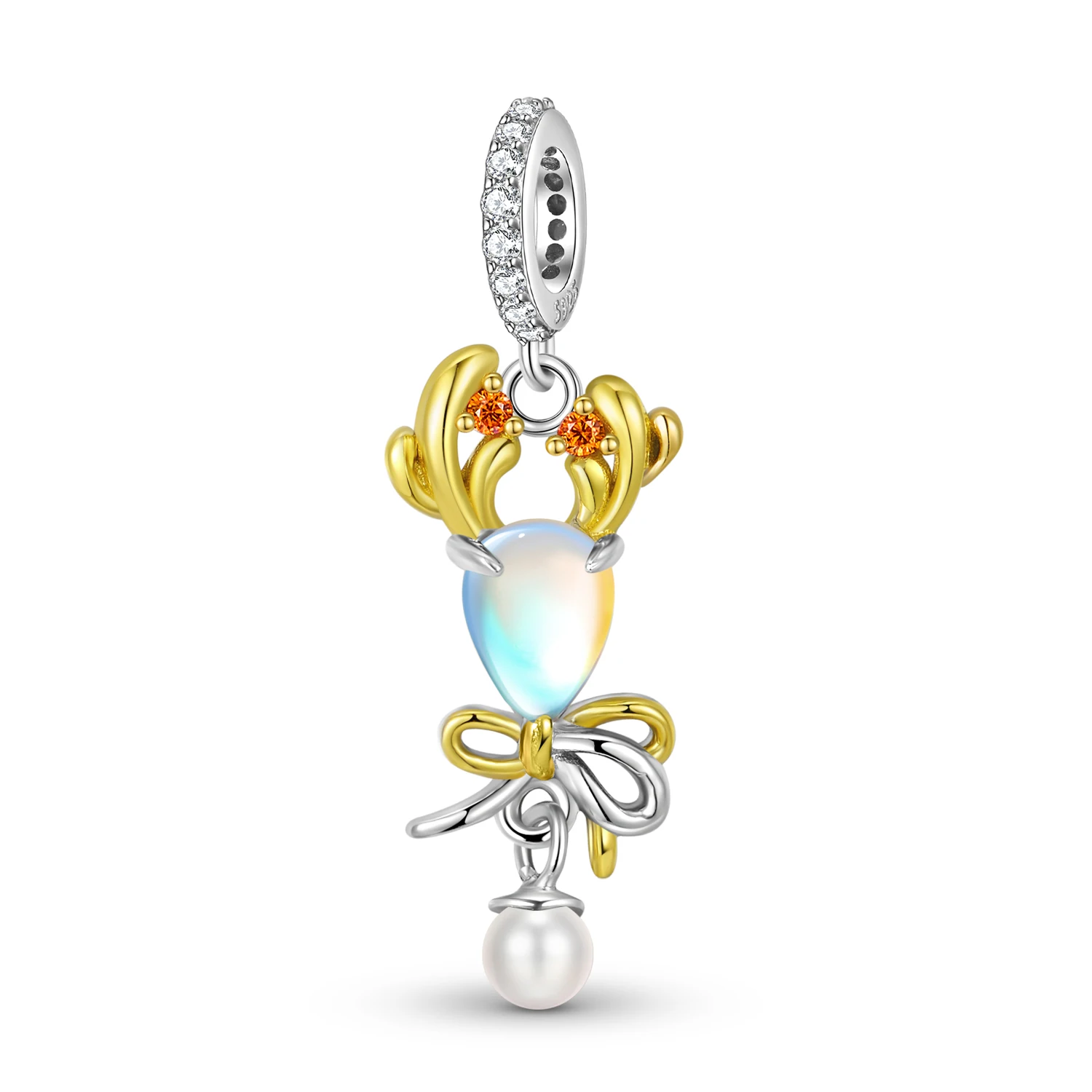 

925 Sterling Silver Antlers Bows Freshwater Pearls Moonstones Zircon Irregular Charm Fit Original Bracelet Diy Accessories