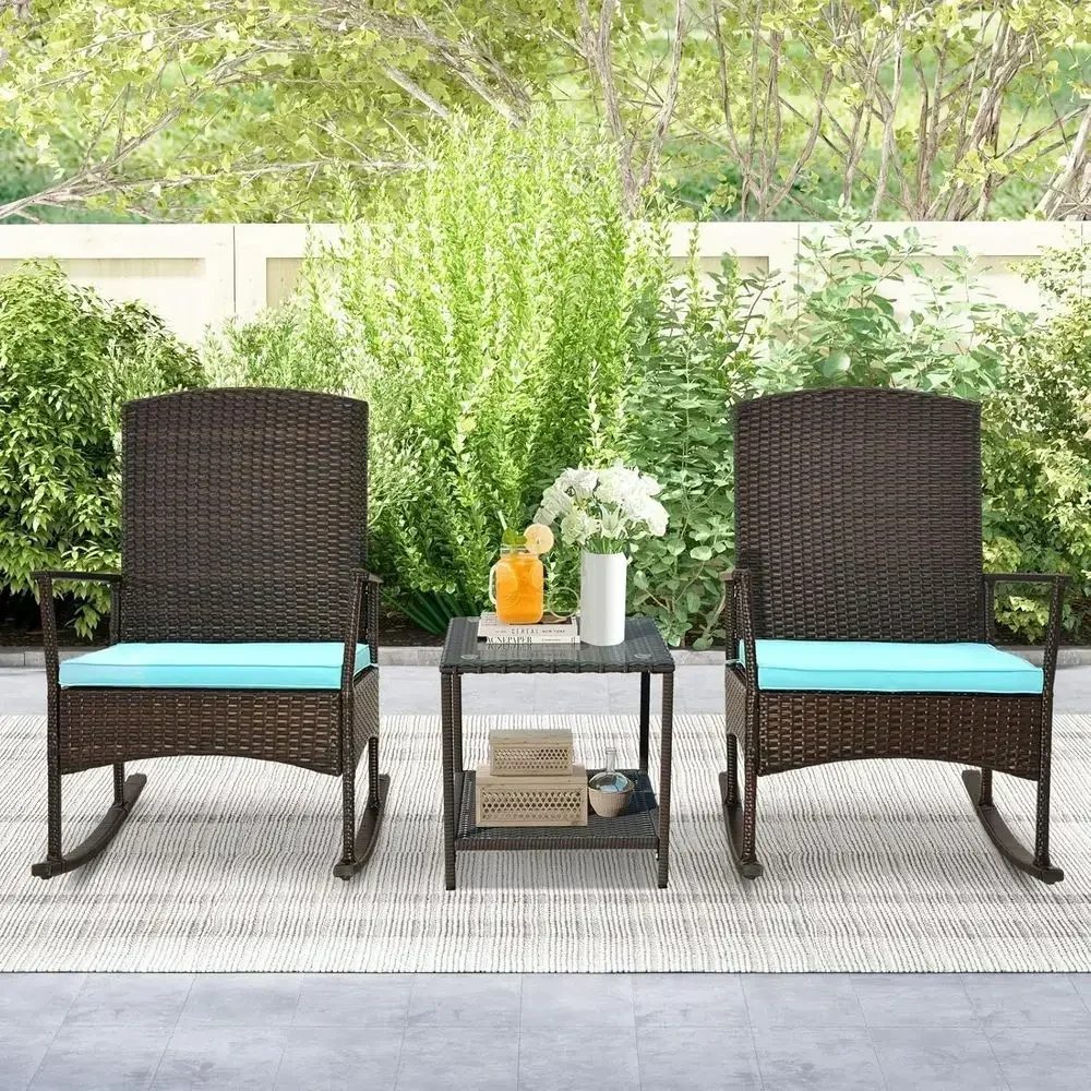 Turquoise Outdoor Wicker Rocking Bistro Set with Cushions and Glass Coffee Table for Patio, Balcony, Porch, or Garden Deck