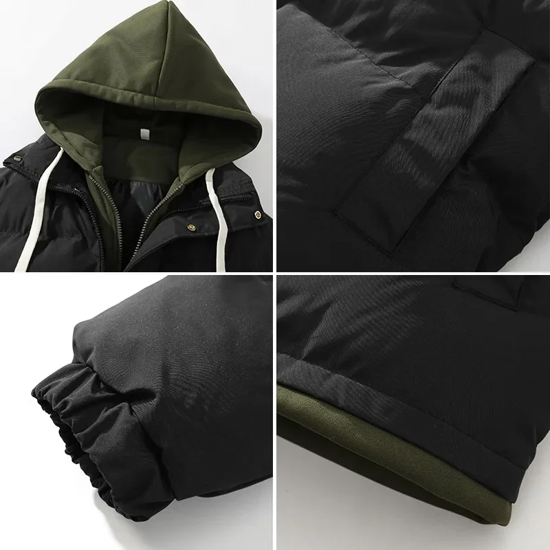 Jaqueta com capuz de cor sólida masculina, Parkas de duas peças falsas, casaco quente, algodão, casal, inverno, novo