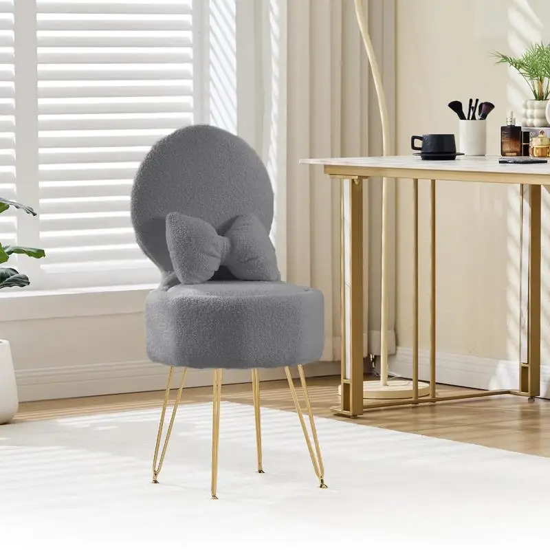 Tocador suave con almacenamiento - Silla tapizada de franela, respaldo plegable, cojín y patas metálicas - Taburete compacto