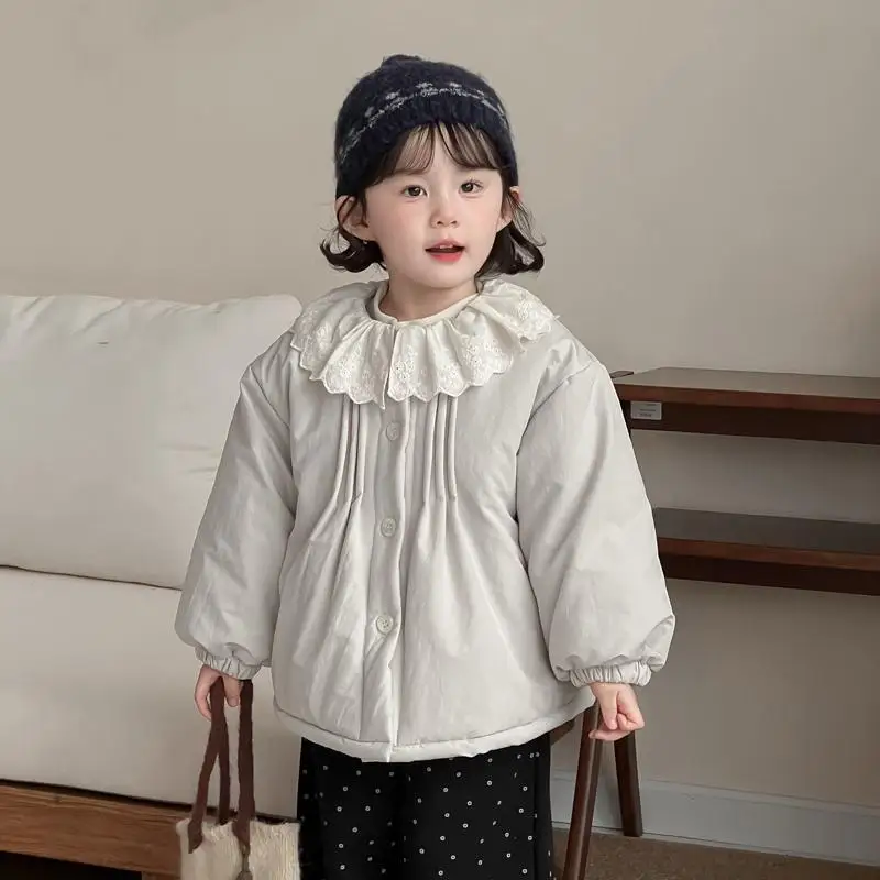 

2025 Winter New Children Cotton Padded Jacket Solid Simple Kids Girls Warm Lapel Coat Plus Velvet Thick Baby Quilted Jacket