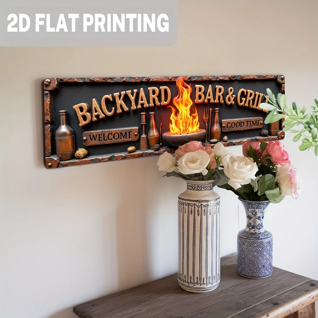 لافتة حائط ألومنيوم مسطحة ثنائية الأبعاد، قطعة واحدة من بار الفناء الخلفي الريفي والشواية - ديكور معدني عتيق مع تصميم "ترحيب بالوقت الجيد". #6
