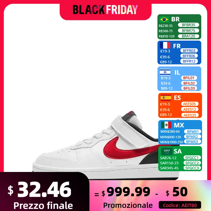 Nike Low 2 Plaid and Versatile Low-Top Sneakers for Children, White, Red and Black