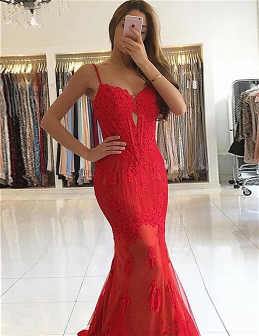 Lovely Mermaid Evening Dresses Lace Applique Sweetheart Sleeveless Spaghetti Strap Sweep/Brush Train Party Dresses Custom Made