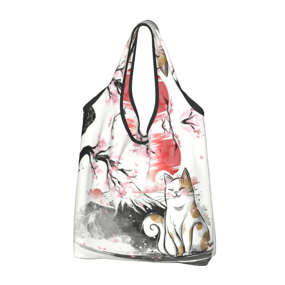 

Japanese Sakura Cute Cat Grocery Shopping Bags Fashion Shopper Shoulder Tote Bag Large Capacity Portable Floral Flower Handbag