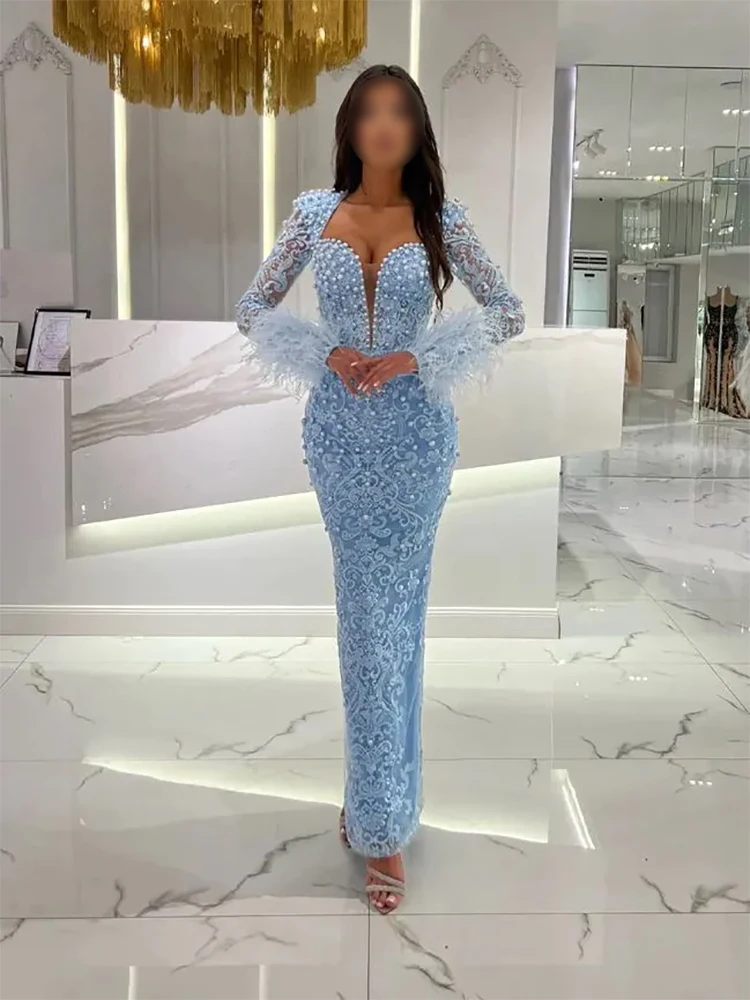 Vestido de noche azul claro con cuello cuadrado, apliques de encaje de sirena, vestidos de fiesta de perlas con cuentas, vestidos personalizados para Gala