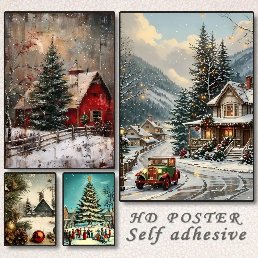 Christmas tree covered in snow Poster Sticker Self Adhesive for Office Home Theater Wall Art Corridor Decor Fancy Gifts