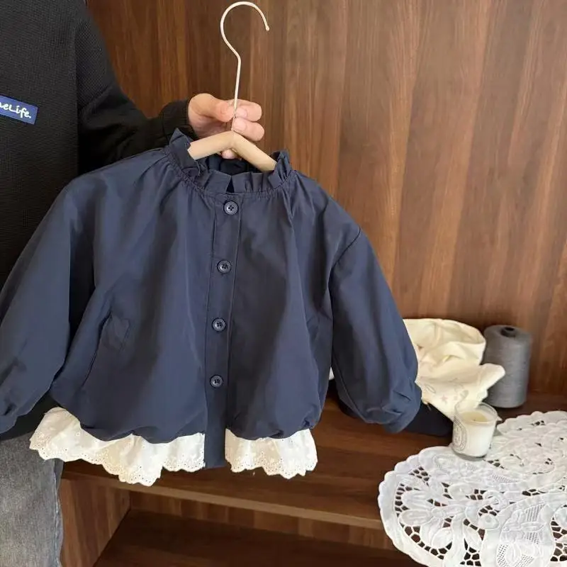 Girls Spring and Autumn Floral Trim Windbreaker Jacket Children's Fashionable Outerwear New Style Baby Girl Coat