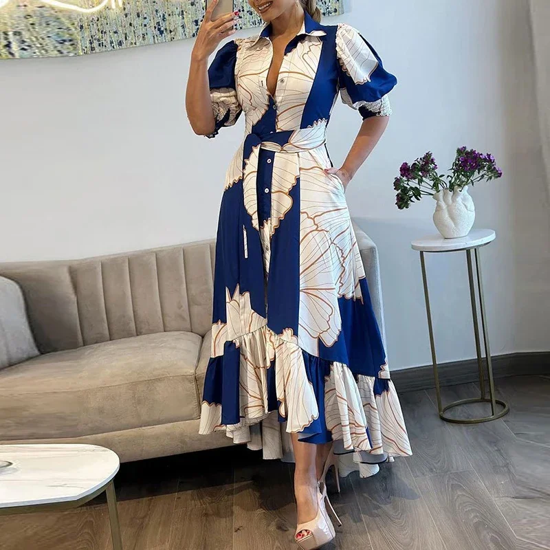 

Women Commuter Ruffles Button Slit Long Dress Chic Long Sleeve Lapel Party Dress Elegant 2024 Single-breasted Office Shirt Dress