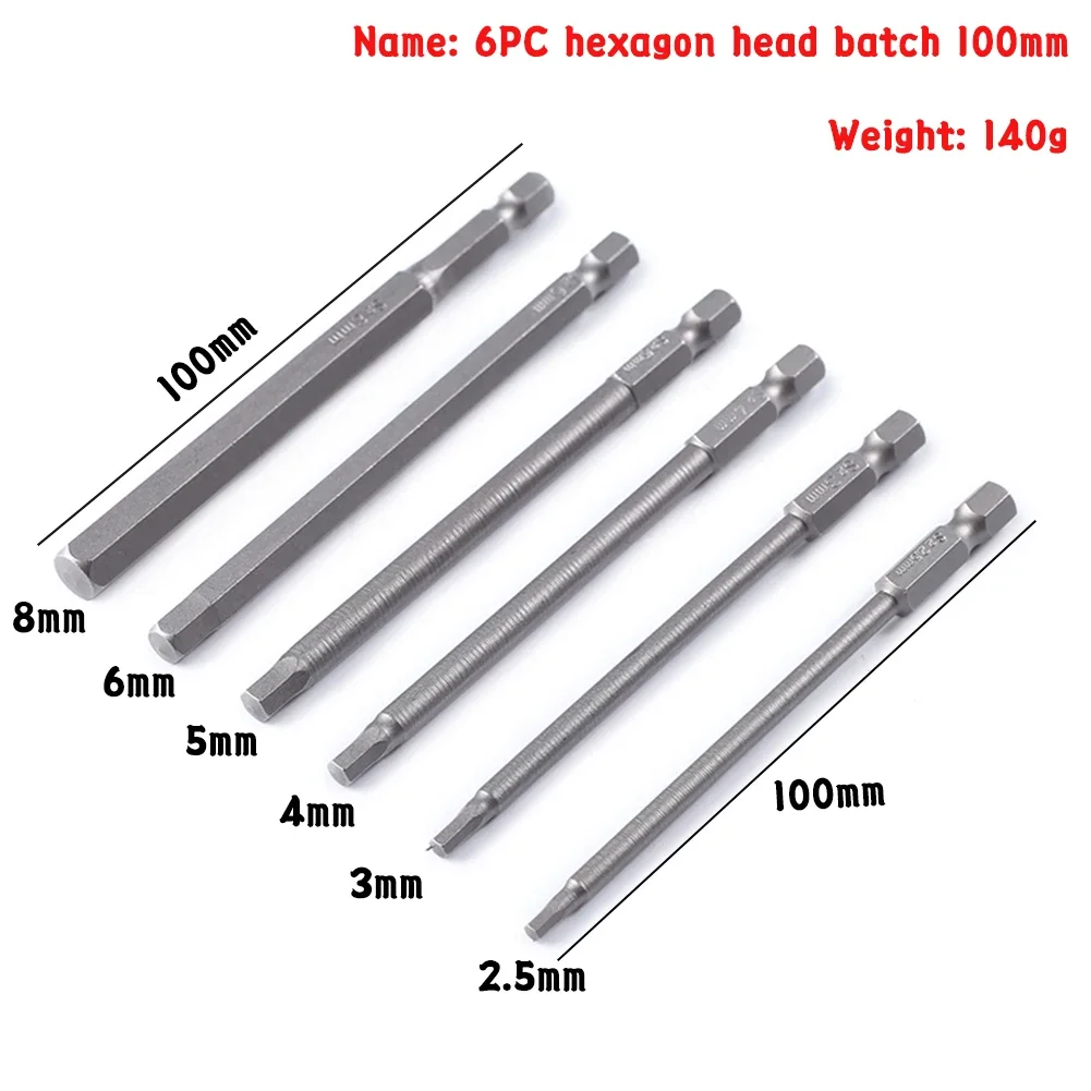 6 stks 100mm multifunctionele Lengte 1/4 Inch Hex Schacht Magnetische Zeskantschroevendraaier Bit Set 2.5/3/4/5/6/8mm Boor Gereedschap