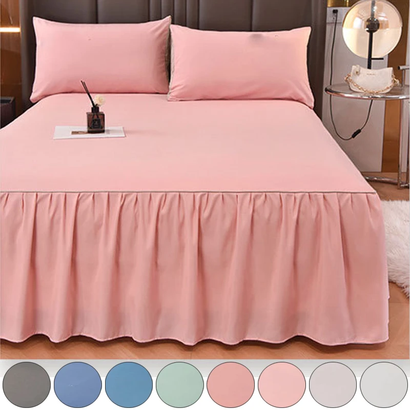 Korean Version Lace Solid Color Bed Skirt Three Piece Set, Skin Friendly Double-layer Bed Cover Non Slip Bed Cover No Pillowcase