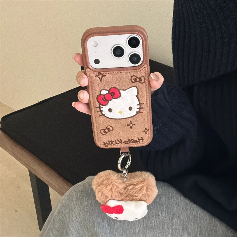 Coque de téléphone brodée Hellokitty, mignonne, pour iPhone 17 Pro 16 15 14 Pro Max, avec pendentif en peluche, dragonne, étui de dessin animé Kawaii