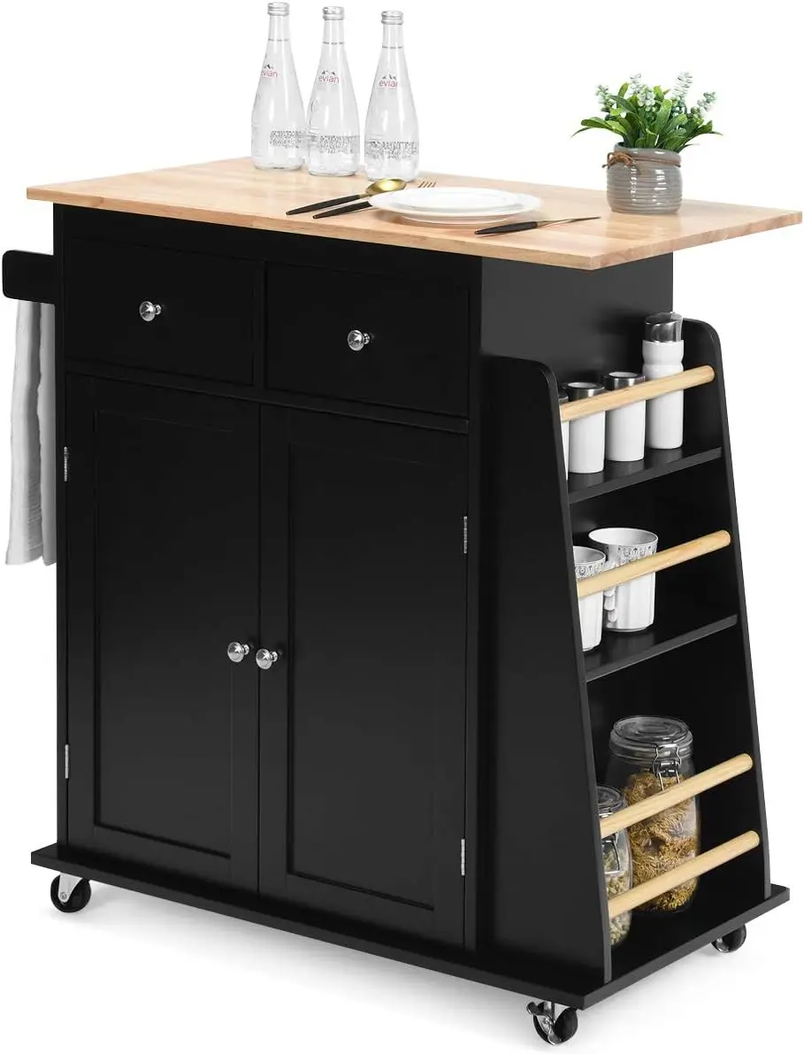 Kitchen Island Cart, Rolling Wood Trolley with Storage Cabinet, Towel Handle, 2 Drawers, Side Spice Rack and Wine Bottle Rack