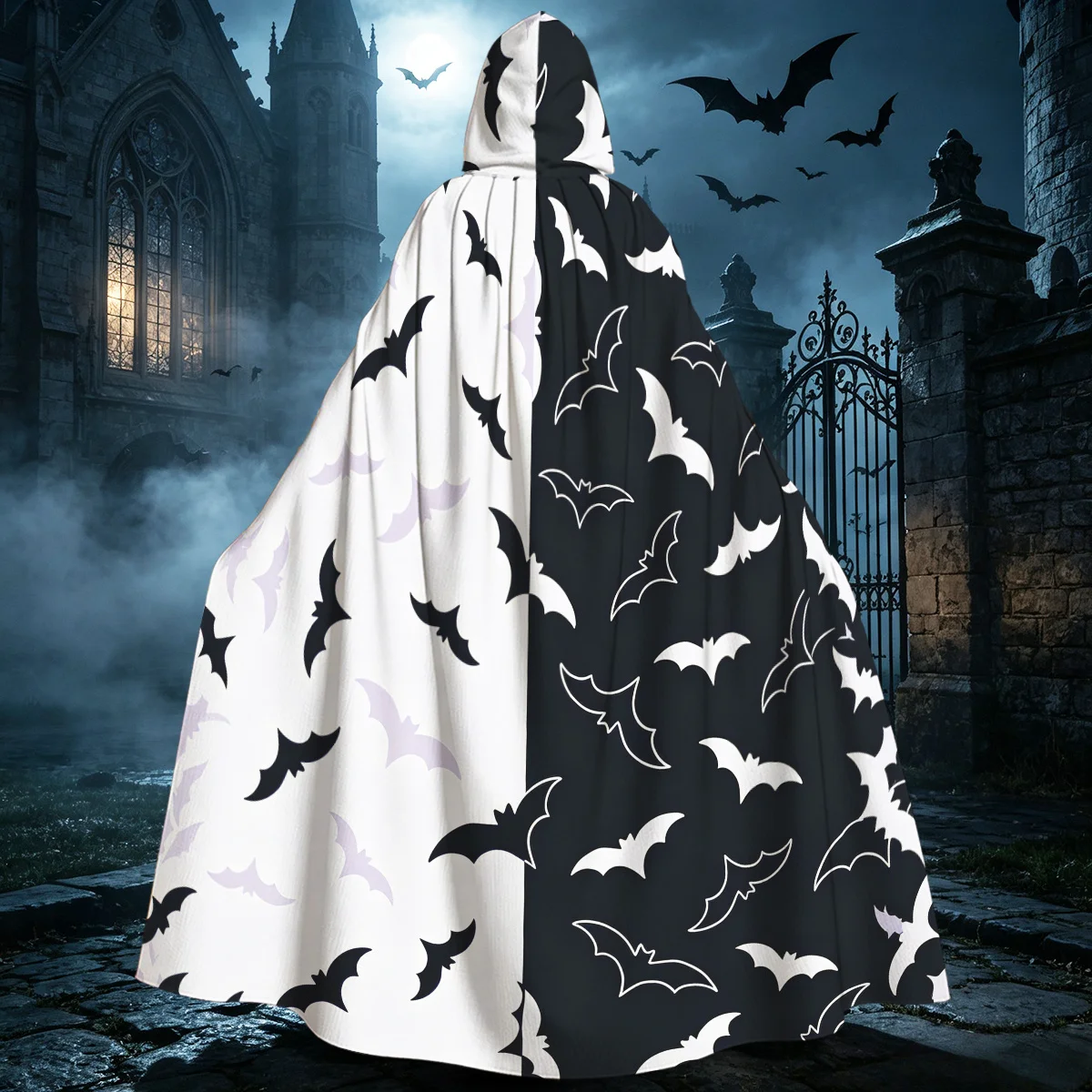 1pc Adult Hooded Cloak Cape with Bat Silhouette & Split Color (Black/White/Purple) - Seamless Bat Wing Costume Robe