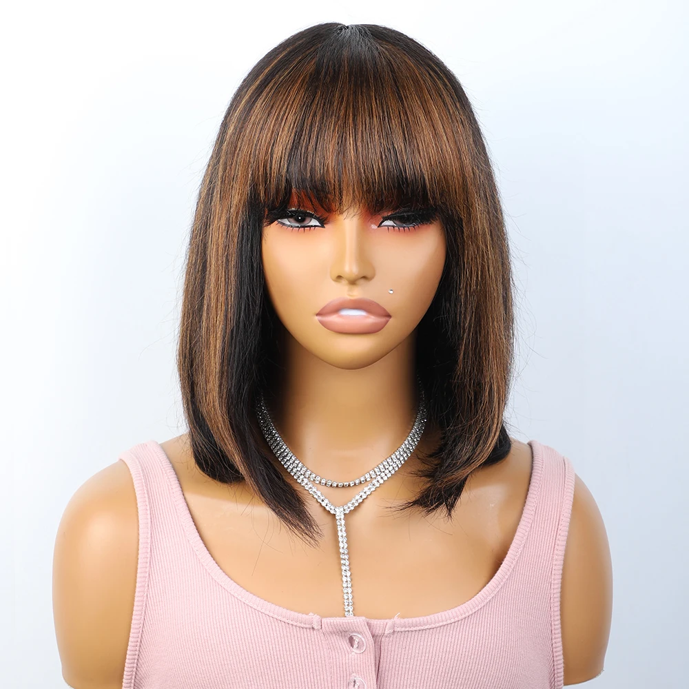 Highlight Brown Short Straight Bob Pixie Cut Lace Topline Human Hair Wig For Women Brazilian Remy Hair With Bangs 180 Density