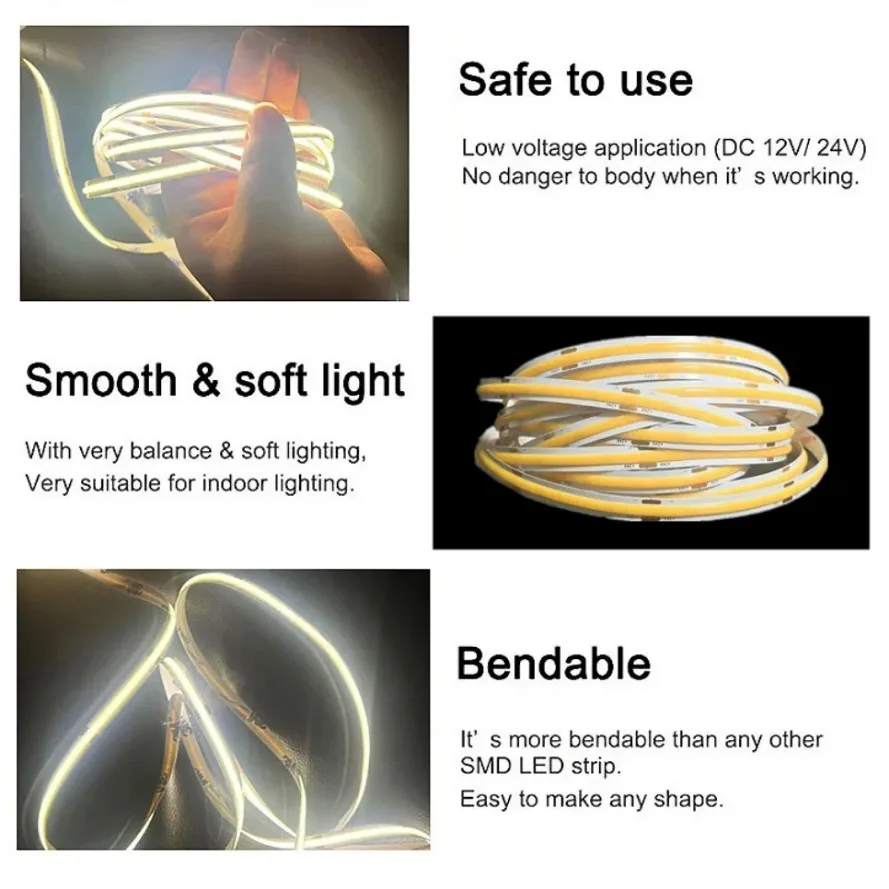 Flexível COB LED Strip Lights para a decoração do quarto, Fita LED de alta densidade, 12V, 24V, 5m, 4m, 3m, 2m, 1m, 480LEDs por m, 3000K, 4500K,