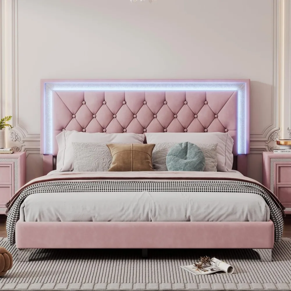 Gestoffeerd queensize bedframe met LED-verlichting, modern fluwelen platformbed met getuft hoofdeinde, perfect, (roze, koningin)