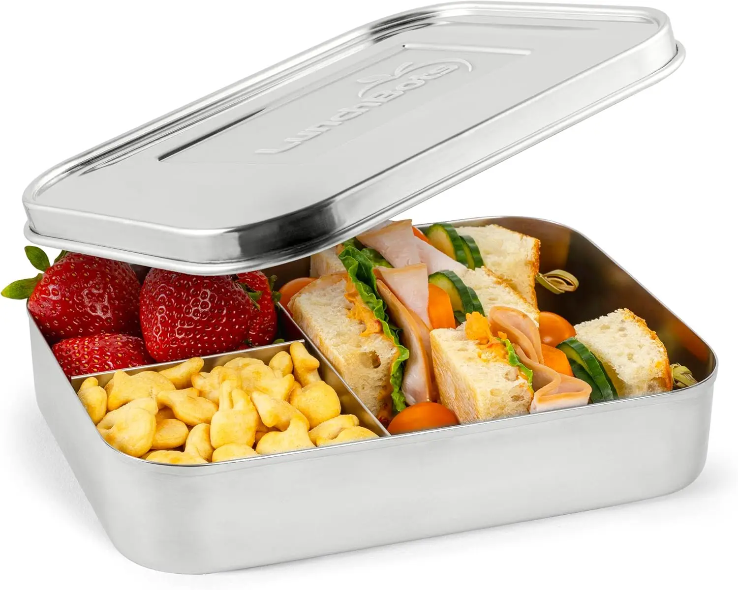 

Large Trio Stainless Steel Lunch Box - Three Sections for Sandwich and Sides, Eco-Friendly with Metal Lid