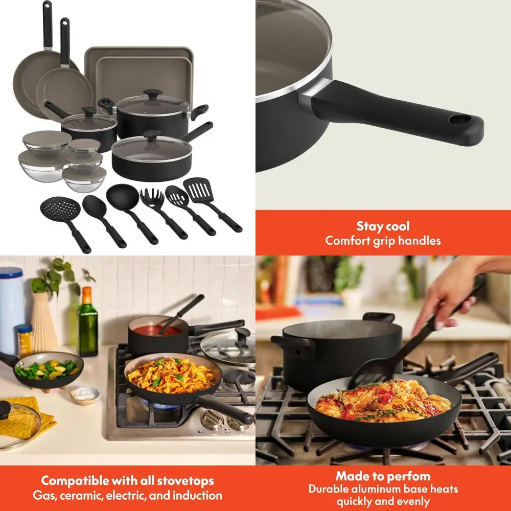 

21-Piece Kitchenware Set with Ceramic Nonstick Coating, Dishwasher and Oven Safe, Compatible with All Stovetops, Tempered Glass