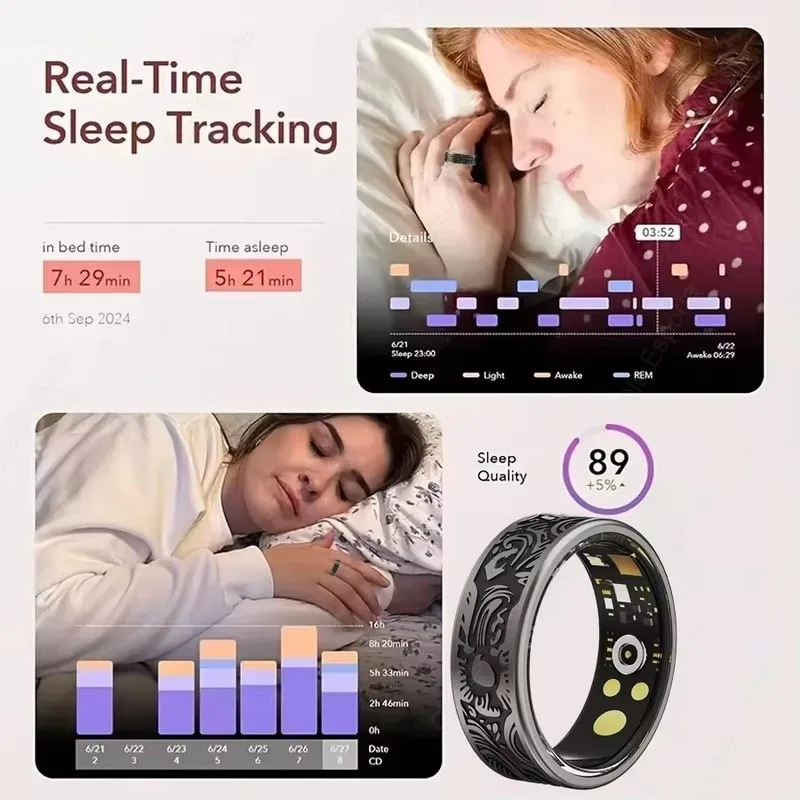 Nowy czarny inteligentny pierścień Smart Ring Rozmiar 1 Monitorowanie snu Nosić w stylu vintage Tekstura Fitness Tracker Żywotność baterii do 8 dni