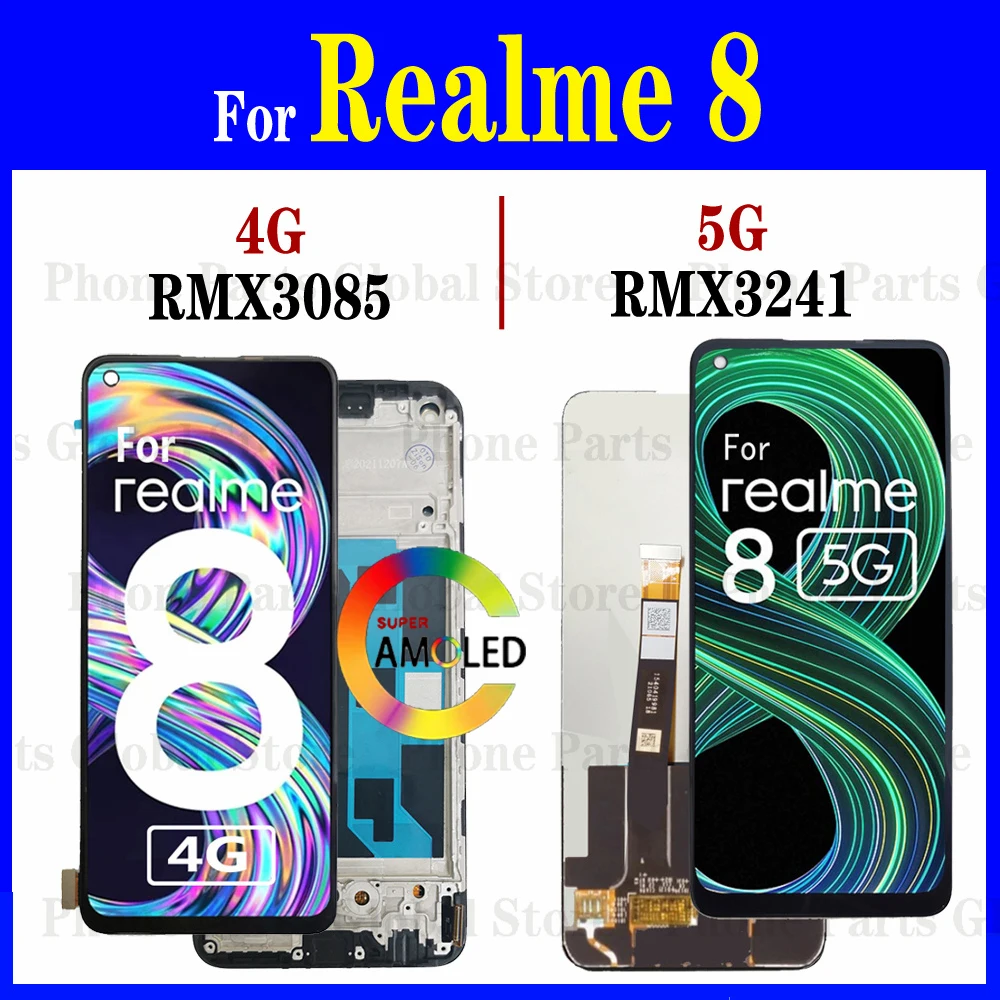 Display For OPPO Realme 8 LCD 4G RMX3085 LCD With Frame Realme8 5G RMX3241 Screen Touch Digitizer Sensor Assembly Replacement