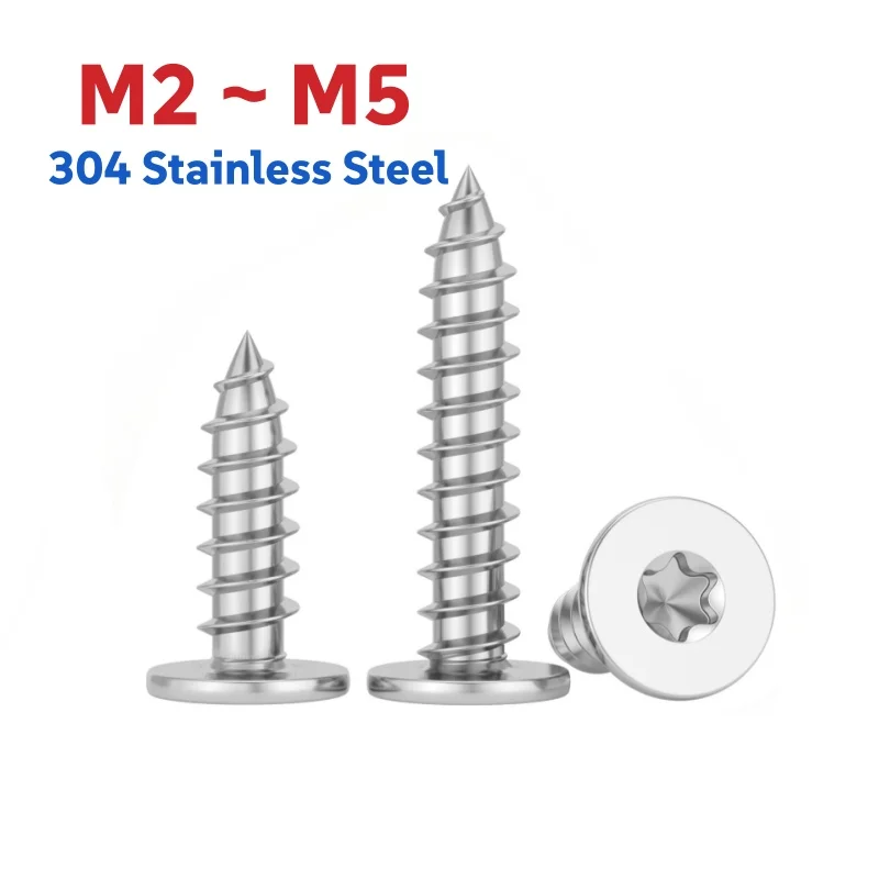 304 Stainless Steel M2 ~ M5 Six Lobe Torx Ultra Thin Low Flat Wafer Head Self Tapping Wood Screw Length 4~40 mm