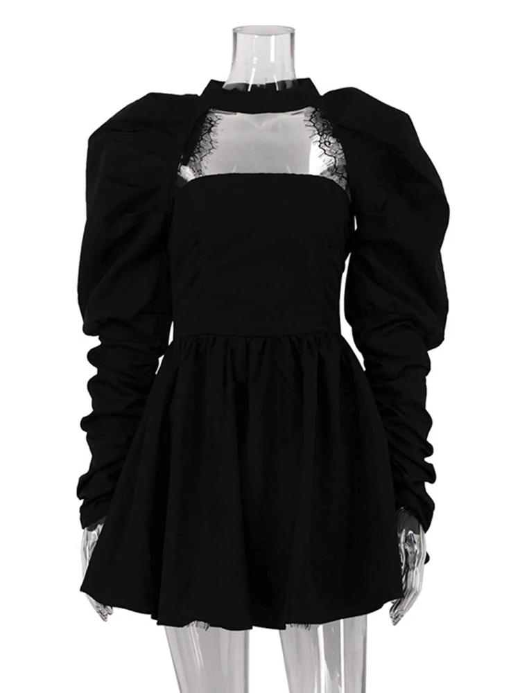 Aynaray 2024 Autumn Winter Women Long Sleeve Sexy Solid Black Bodycon Mini Skater Dress Female