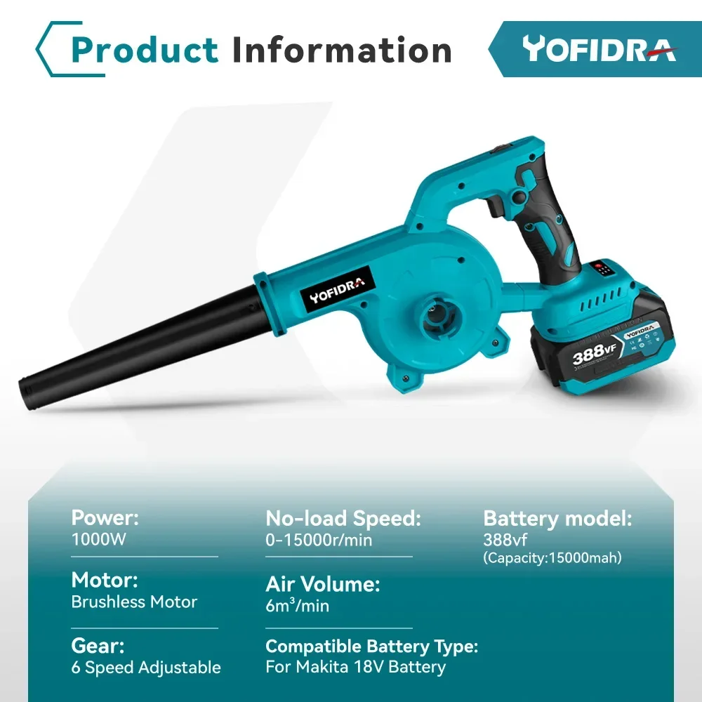 Yofidra Bürstenloser elektrischer Gebläse, 6 Gänge, kabellos, effizient, Blatt, Schnee, Staub, Blasen, Reinigen, Elektrowerkzeuge für Makita 18 V