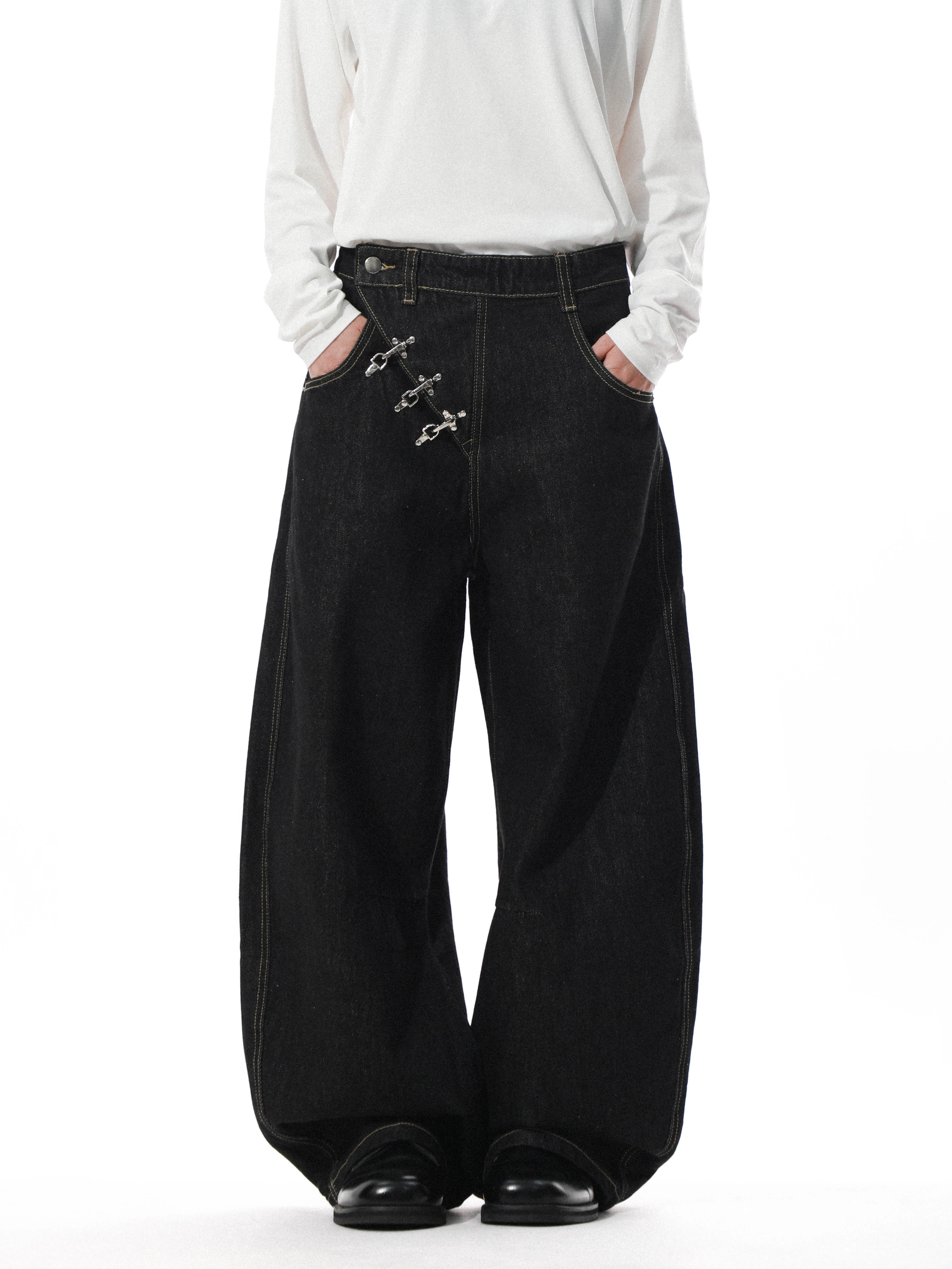 American Retro Aircraft Buckle Design Sense Wide Leg Jeans Men Loose Floor-Length Trousers Trendy Straight Leg Jeans