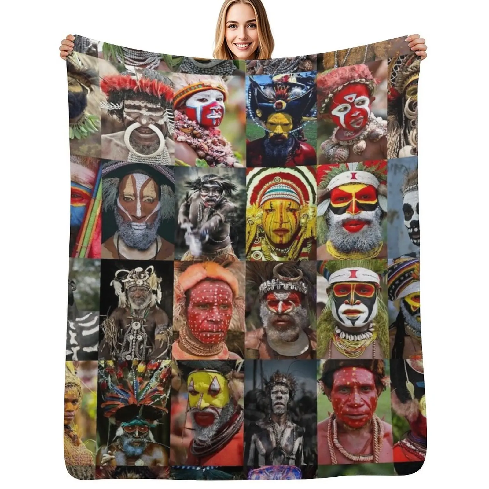 

Papua New Guinea Painted Faces Throw Blanket Multi Use Warm Blanket for Living Room Bedroom