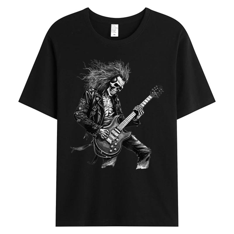 

Skeleton Guitar Tshirt 2025 Summer Guy Tops Tees Rock And Roll Band Rock On Men 100% Cotton Clothes Guys Graphic T-Shirts