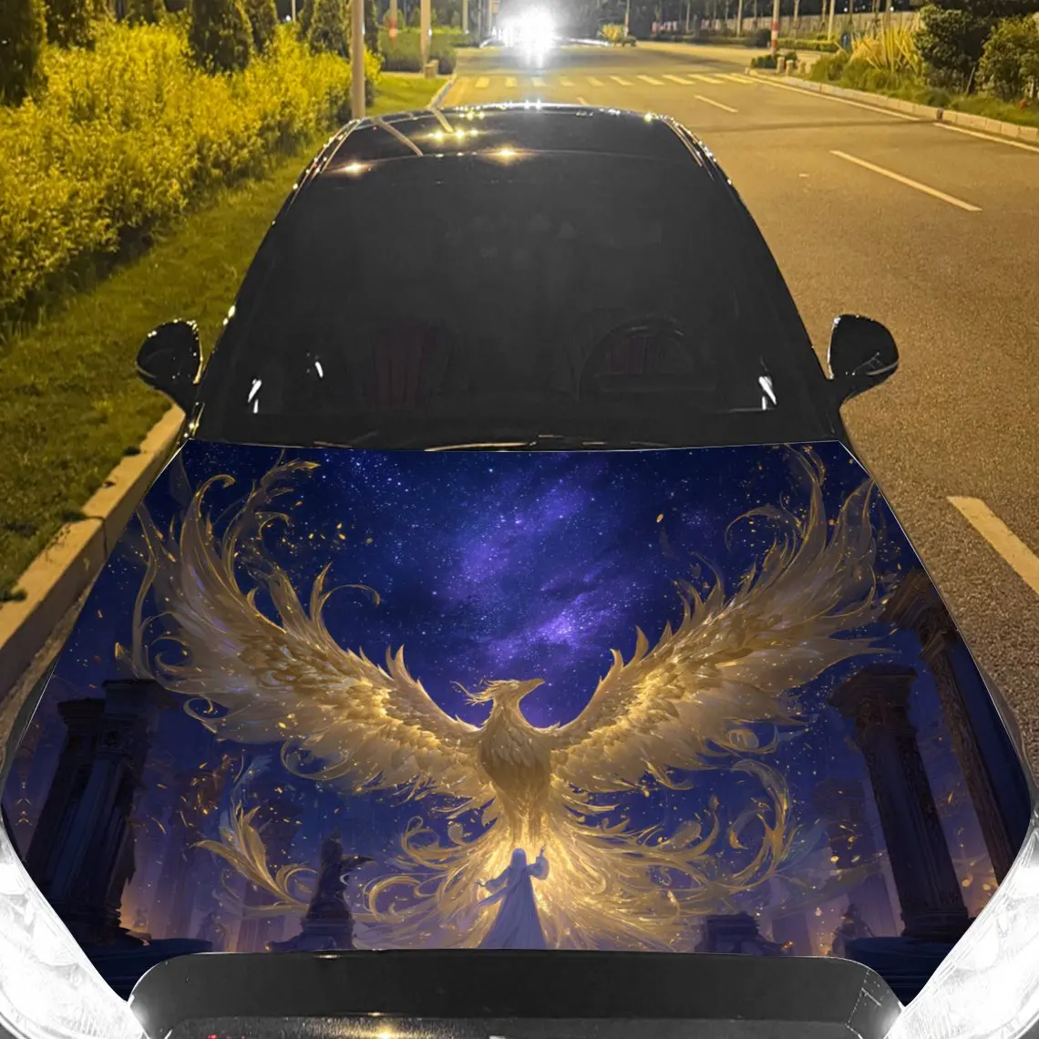 Golden Phoenix in Star Realm with Girl Car Vinyl Wrap, PVC Material Waterproof Car Hood Sticker, Self-Adhesive Scratch-Resistant
