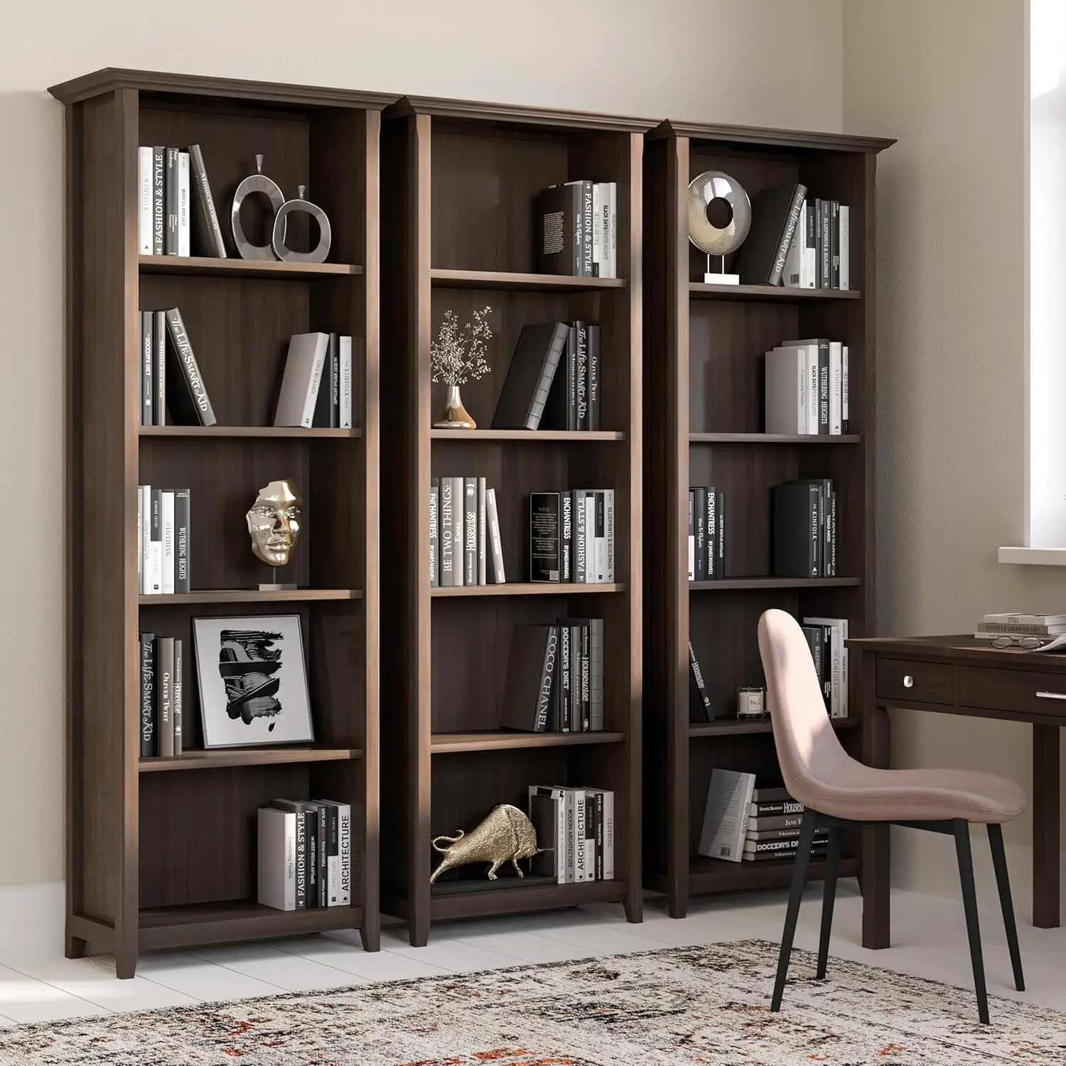 Solid Wood 26 Inch Transitional 5 Shelf Bookcase in Brunette Brown, for The Living Room, Study Room and Offic