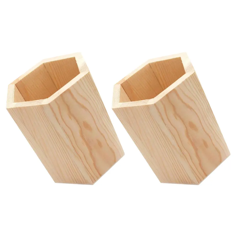 

2pcs Wooden Holder Natural Pine Desktop Organizer Stationery Storage Pot For Home Office School Wood Brush Pot Decor