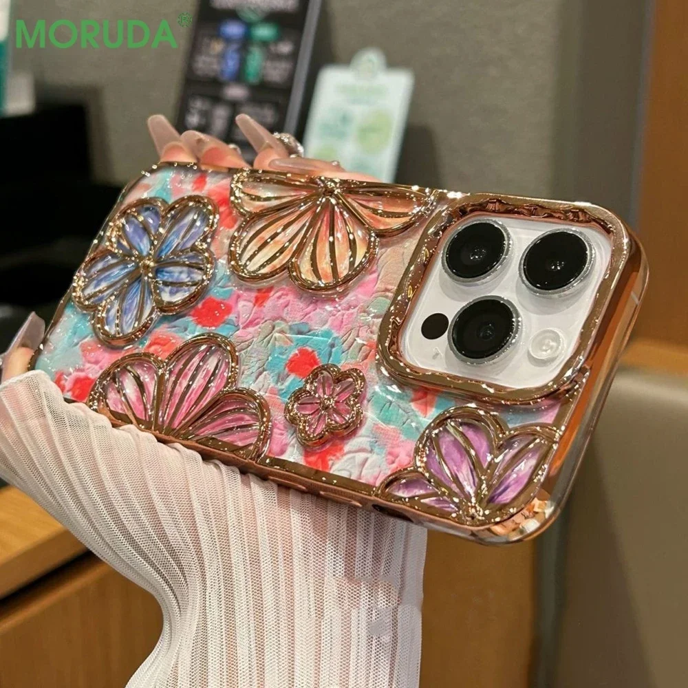 

Fashion 3D Colorful Flowers Plating Case for iPhone 16Pro 15 14 13 12 11 Pro Max Plus Soft Bumper Shockproof On 16ProMax Cover
